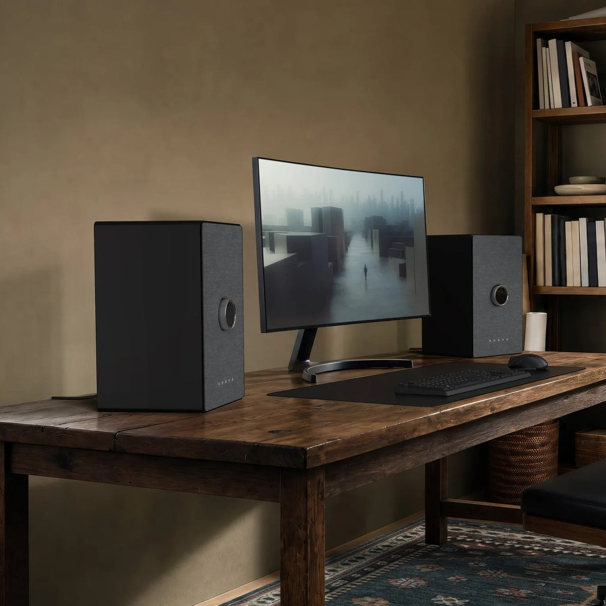 Onkyo GX-AiO 100 pair in black on a wooden desk, flanking a monitor