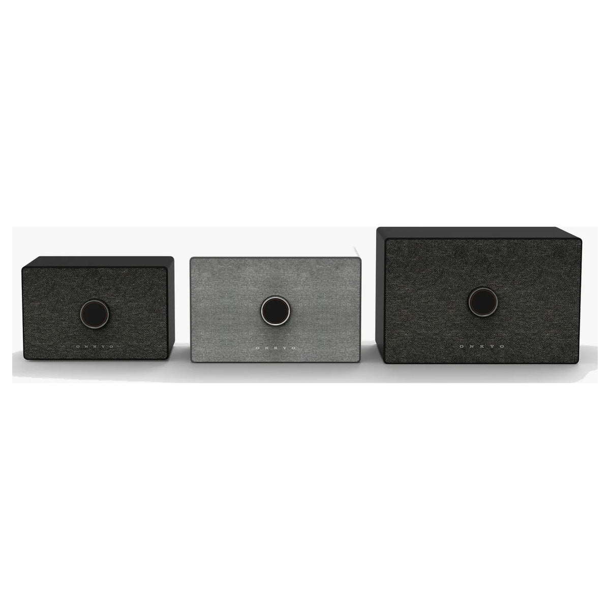 Onkyo GX-AiO 50, 100 and 150 side by side with magnetic fabric grilles fitted