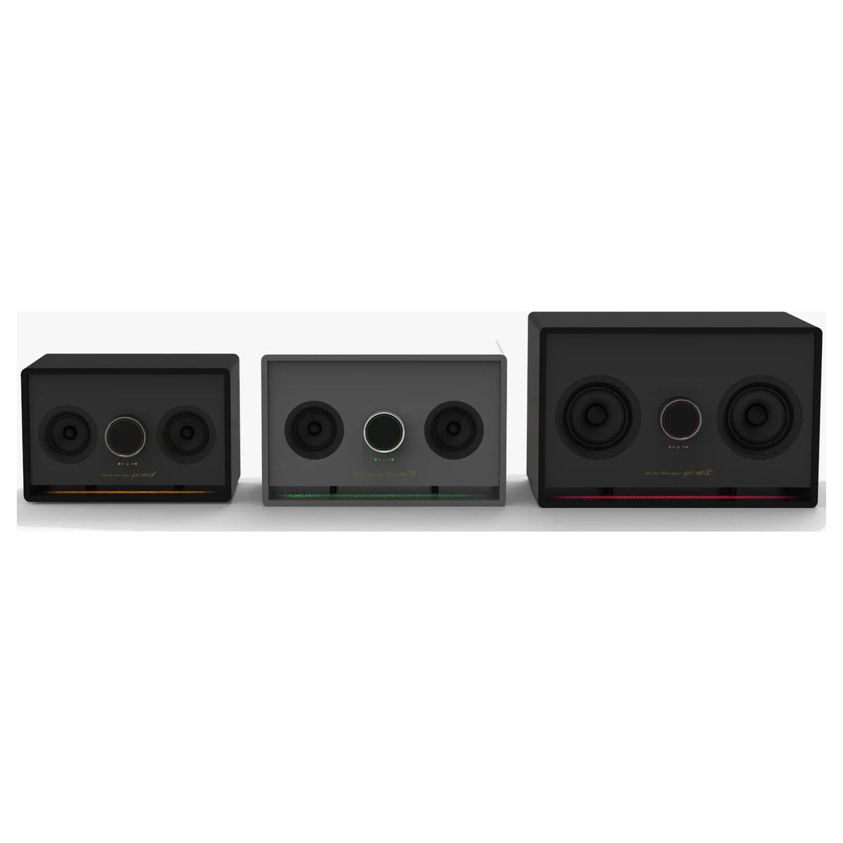 Onkyo GX-AiO 50, 100 and 150 with grilles removed, showing the 2.1 driver array and LED bass-duct lighting