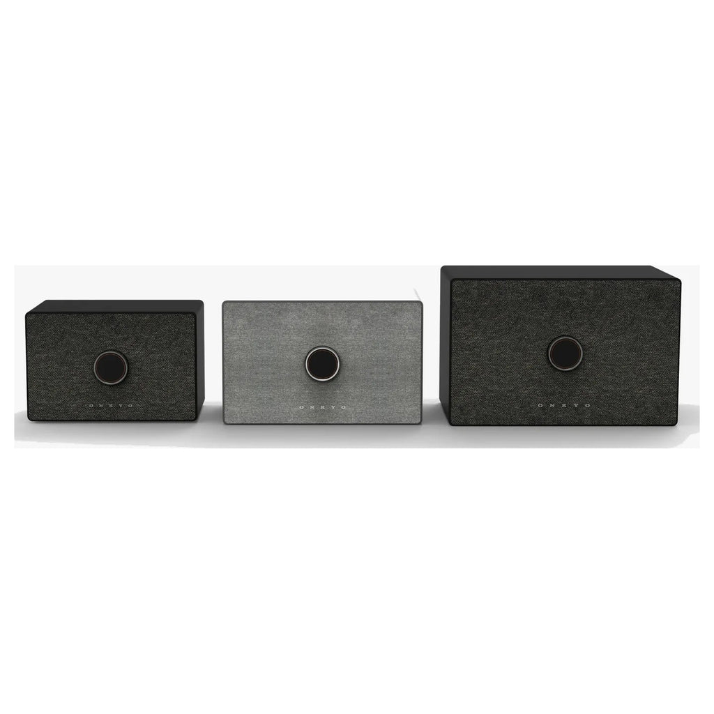 Onkyo GX-AiO 50, 100 and 150 side by side with magnetic fabric grilles fitted