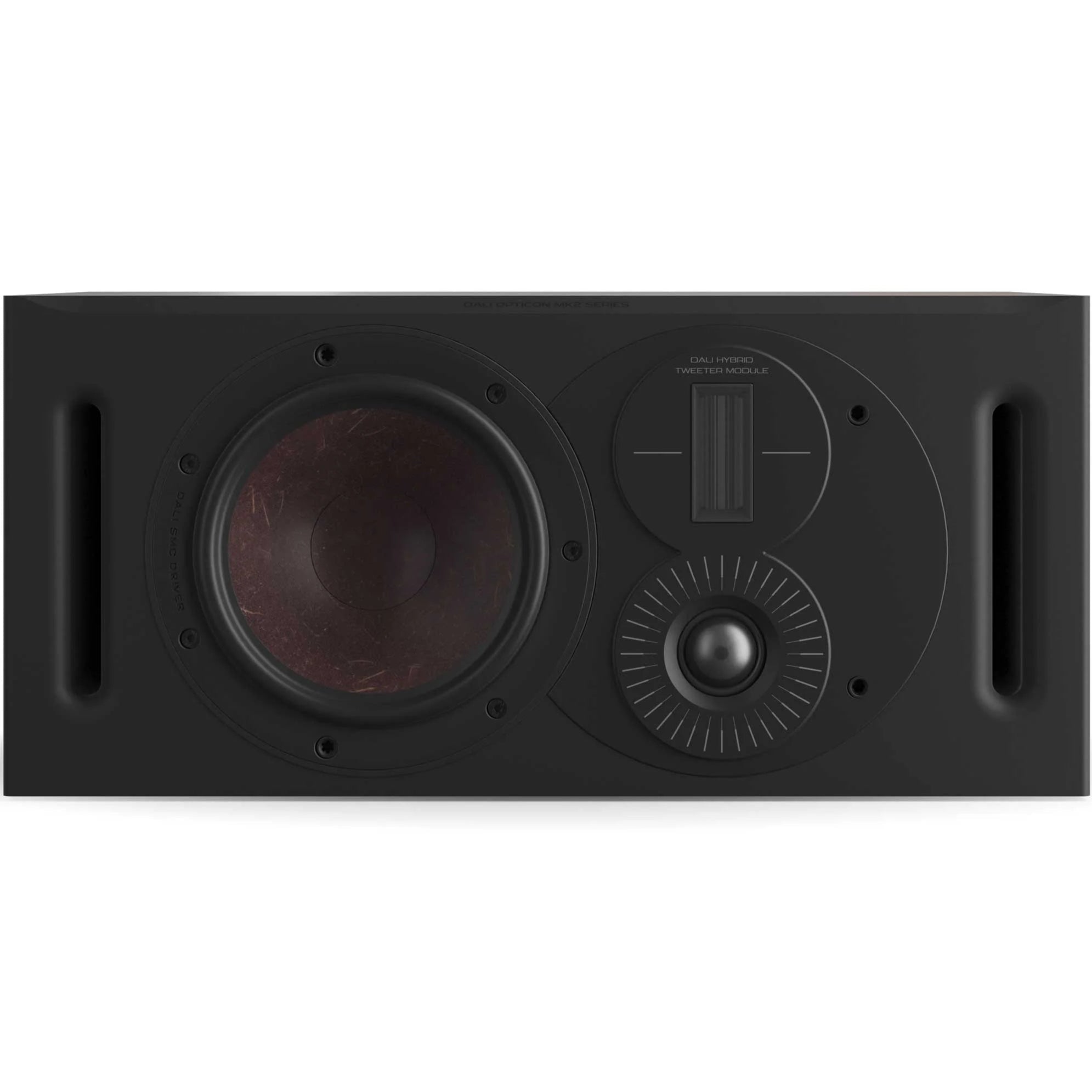 DALI Opticon Vokal MK2 walnut center speaker with sleek design and wood finish, ideal for home theater audio setup.