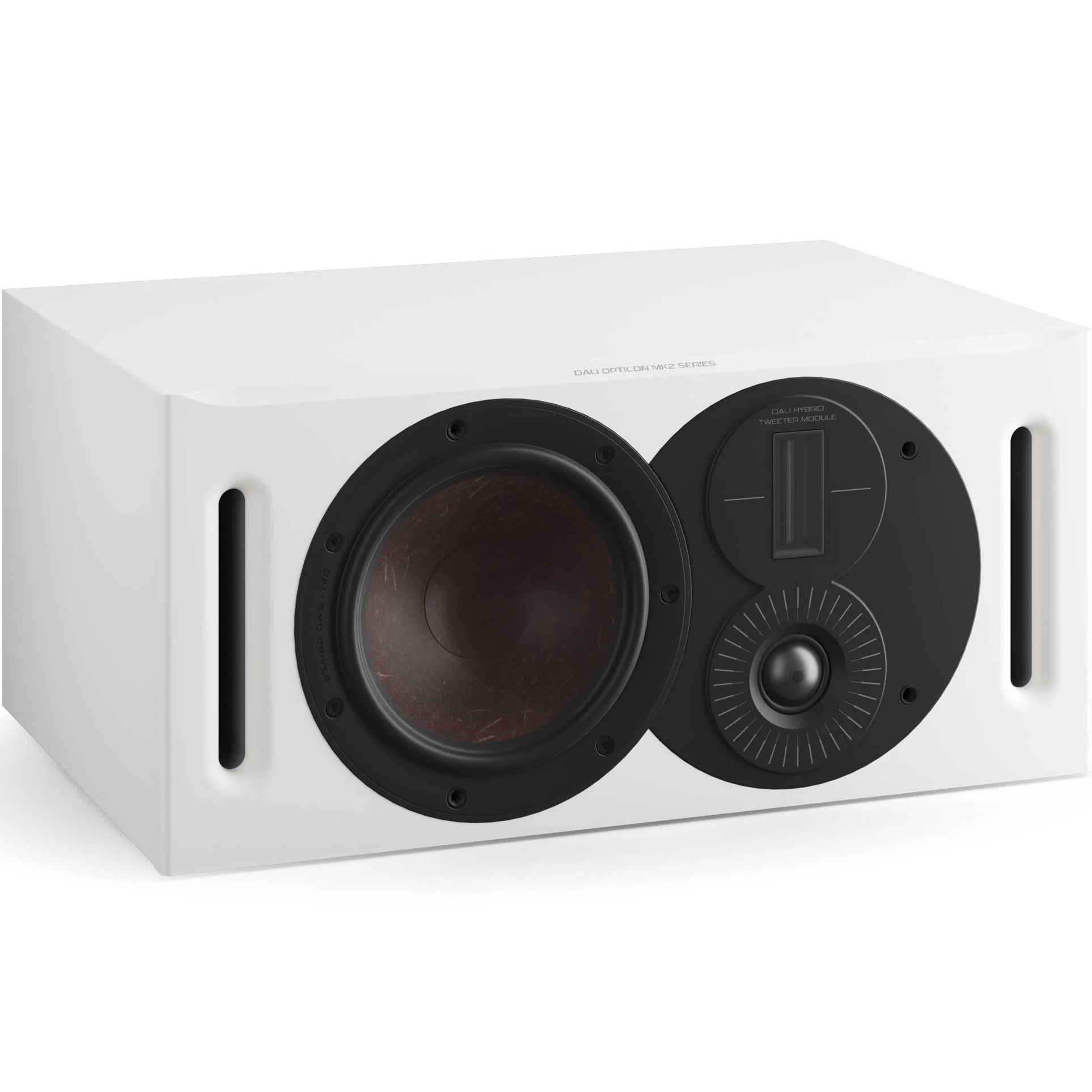 DALI Opticon Vokal MK2 white center speaker with sleek design and high-quality audio components for home theater systems.
