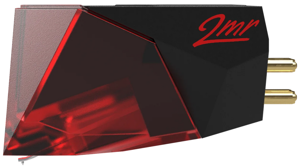 Ortofon 2MR Red turntable cartridge with red stylus and side view, designed for high-quality vinyl record playback.