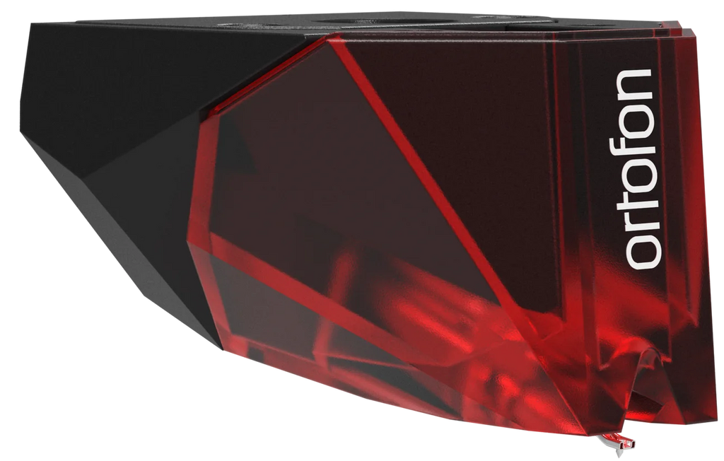 Ortofon 2MR Red turntable cartridge with stylus, angled to the right, showcasing the detailed design and branding.