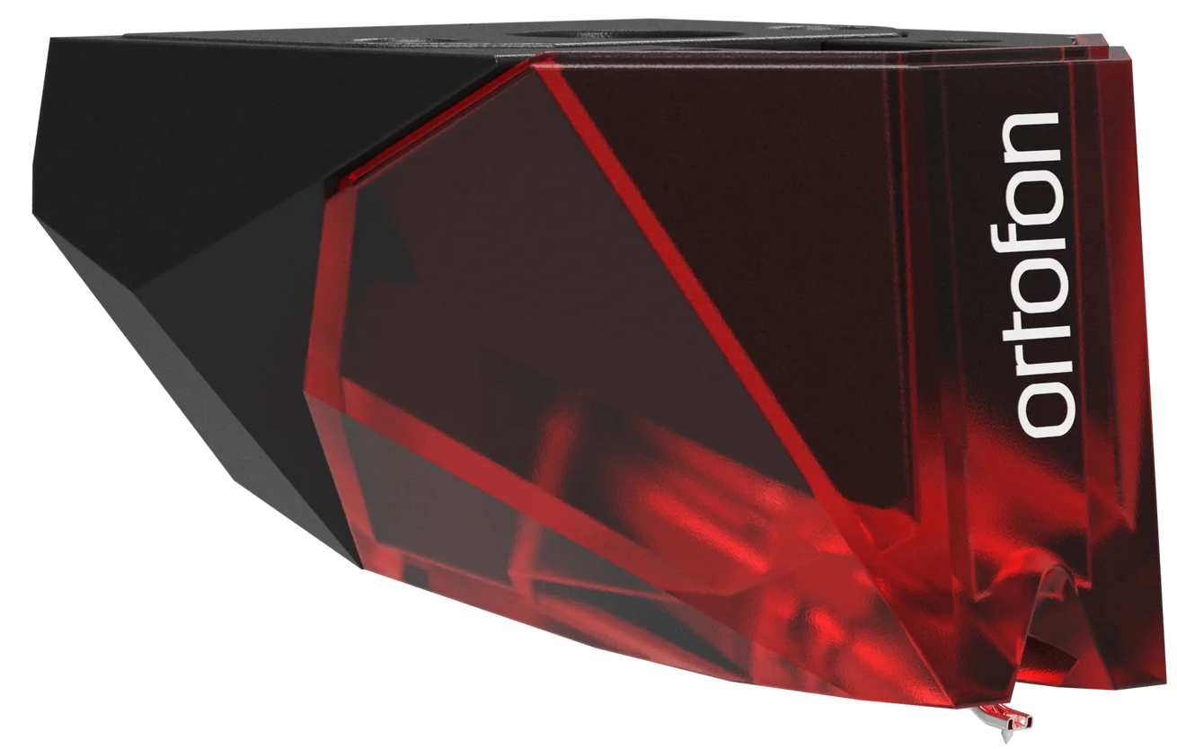 Ortofon 2MR Red turntable cartridge with stylus, angled to the right, showcasing the detailed design and branding.