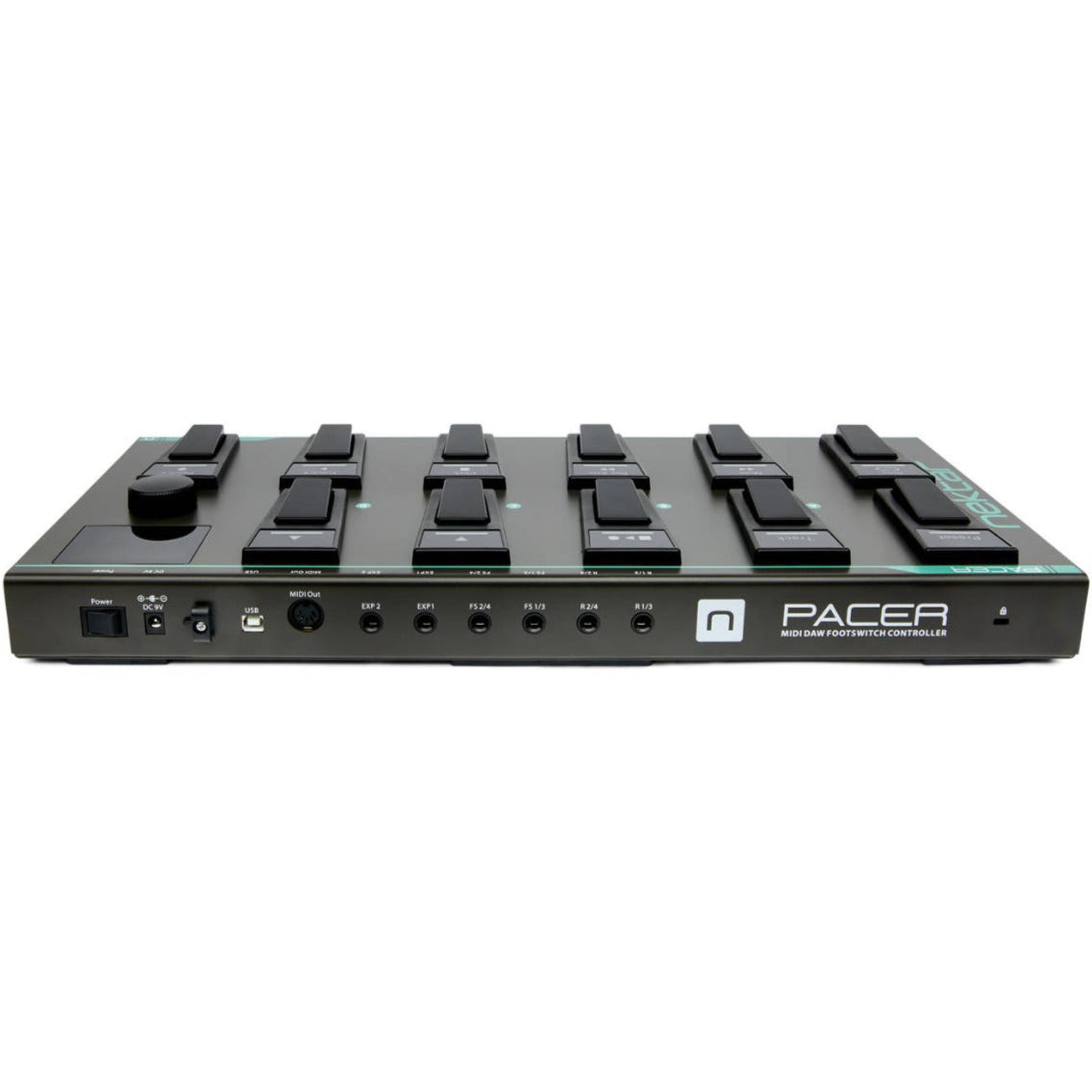 Rear view of Nektar Pacer MIDI controller showing connection ports and input/output options.