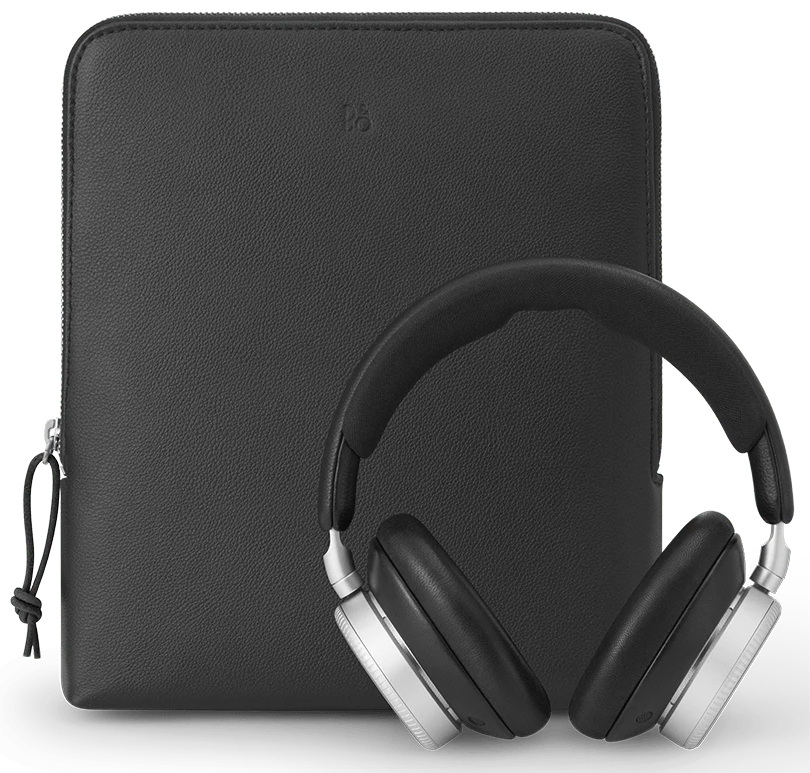 Bang & Olufsen Beoplay H100 wireless headphones in black, shown with carrying pouch and sleek design.
