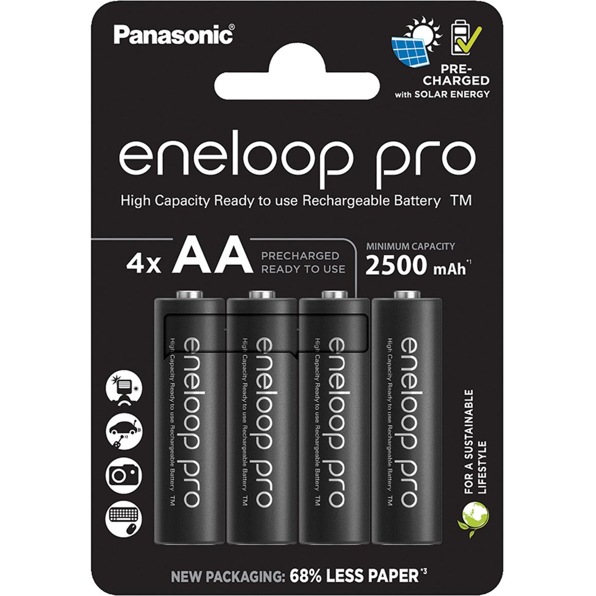 Four Panasonic Eneloop Pro AA batteries with 2500mAh capacity, shown arranged together in a close-up image.