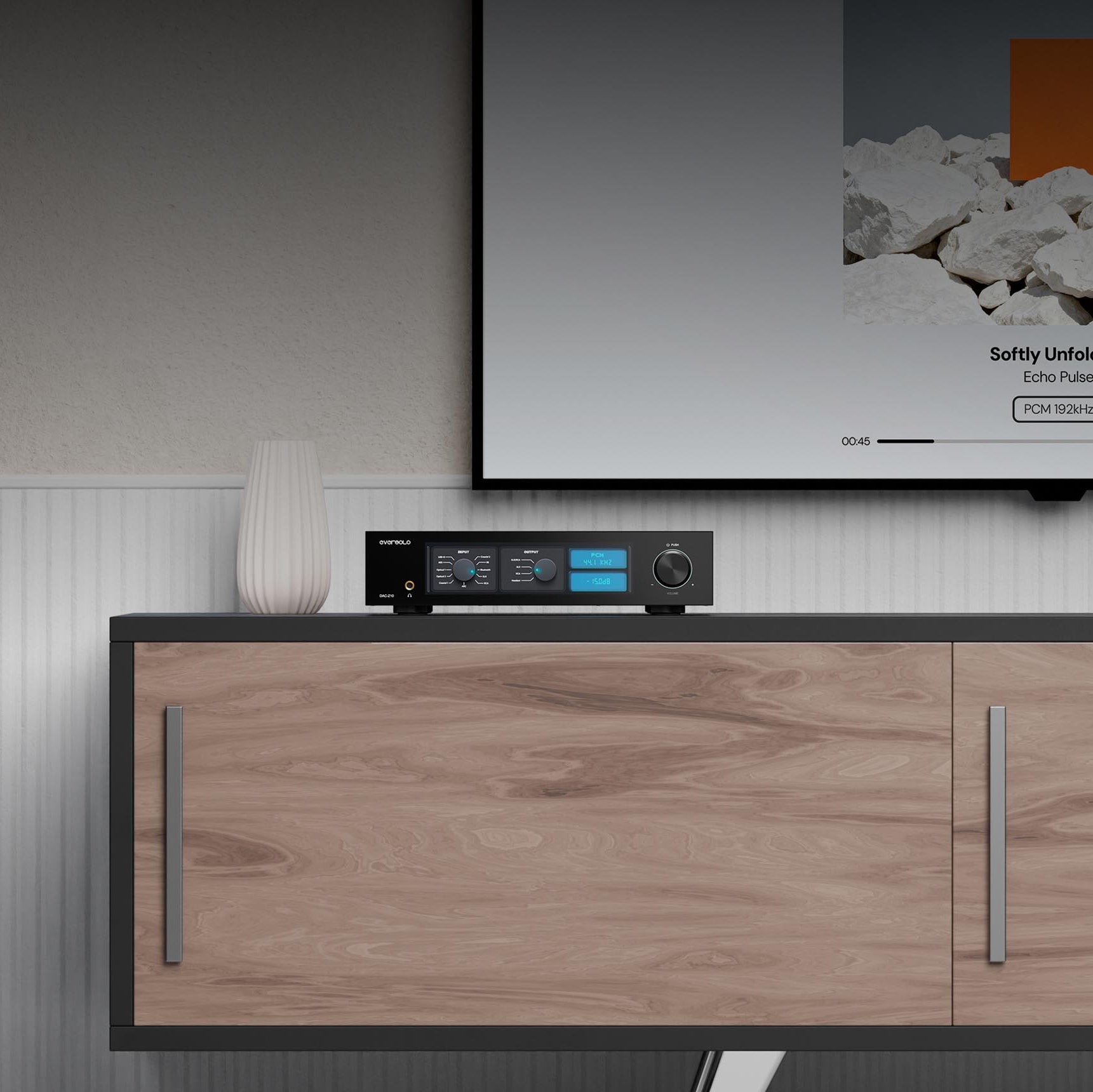 Eversolo DAC-Z10 headphone amplifier and DAC with sleek black design and front control knobs on a modern audio setup.