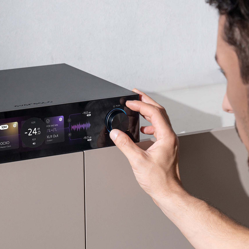 Eversolo DAC-Z10 headphone amplifier and DAC with sleek black design and various input ports on front panel.