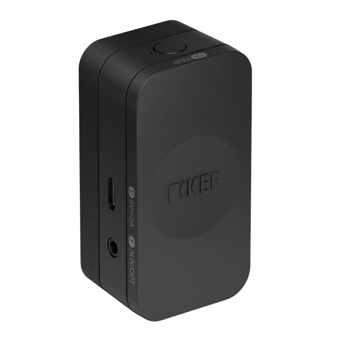 KEF KW2 RX receiver soundbar with sleek black design, multiple connection ports, and compact TV speaker for immersive audio.