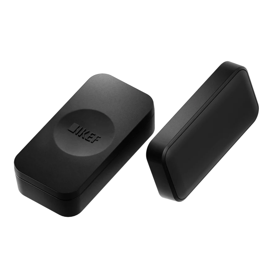 KEF KW2 RX soundbar TV speaker with sleek black design, featuring control buttons and connection ports on the side.