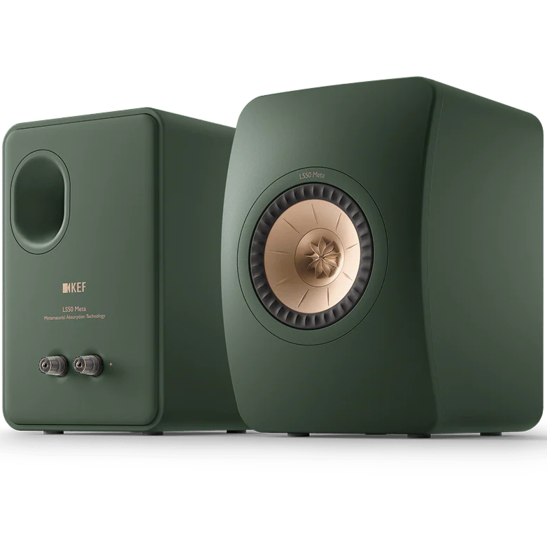 KEF LS50 Meta passive bookshelf speakers with sleek black finish and compact design, showcasing high-quality audio speakers.