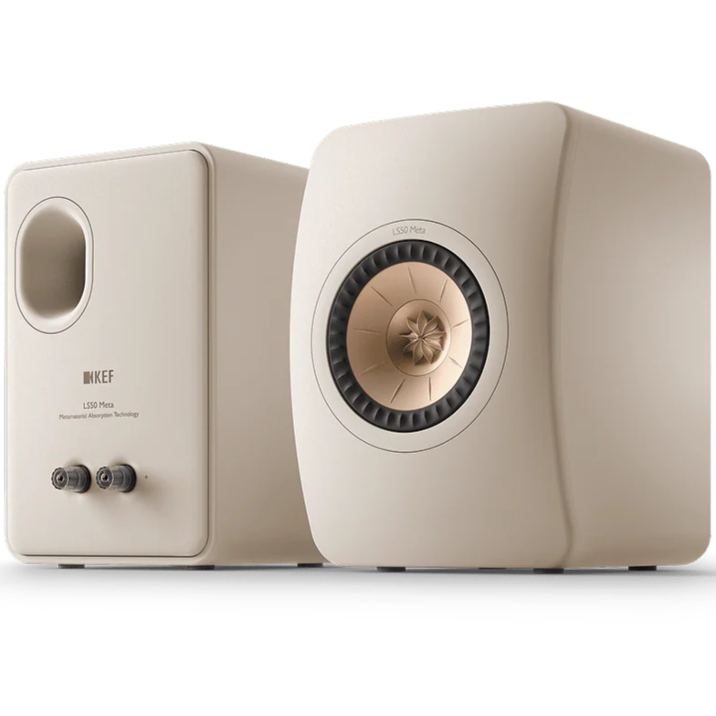 KEF LS50 Meta passive bookshelf speakers in black finish, showing their sleek design and compact size for high-quality audio.