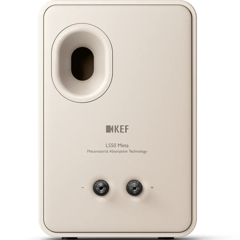 KEF LS50 Meta passive bookshelf speakers shown in black with sleek modern design and dual driver setup.