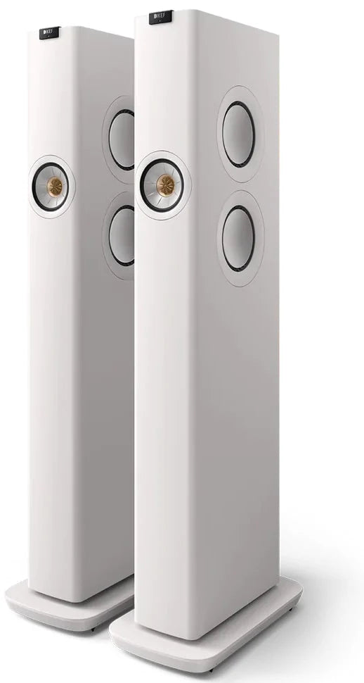 KEF LS60 Wireless floorstanding speakers with sleek black finish and modern design, showing multiple speaker drivers and clean aesthetic.