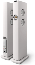 KEF LS60 Wireless floorstanding speakers with sleek black finish and modern design, showcasing their elegant speaker grille and wood accents.