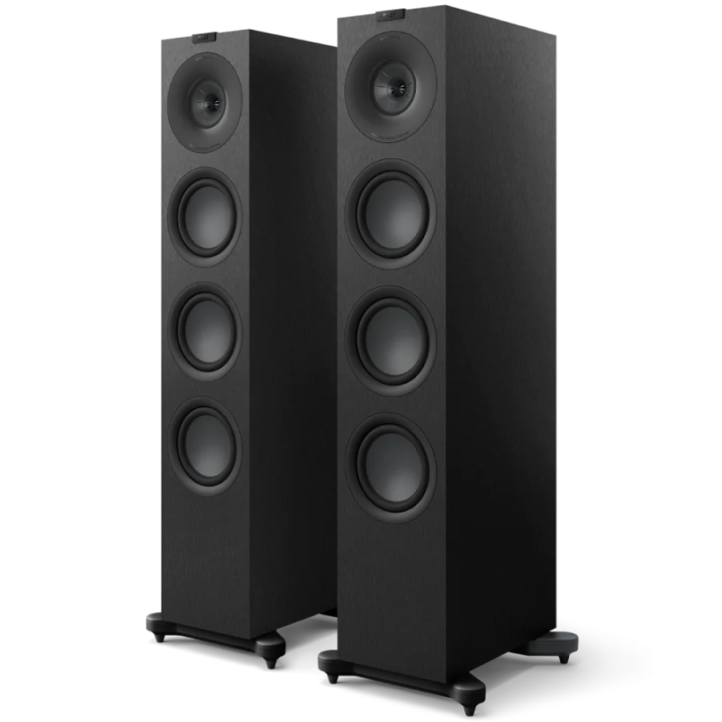 KEF Q11 Meta passive floorstanding speakers with sleek black finish and modern design, showcasing their tall, elegant speaker cabinets.