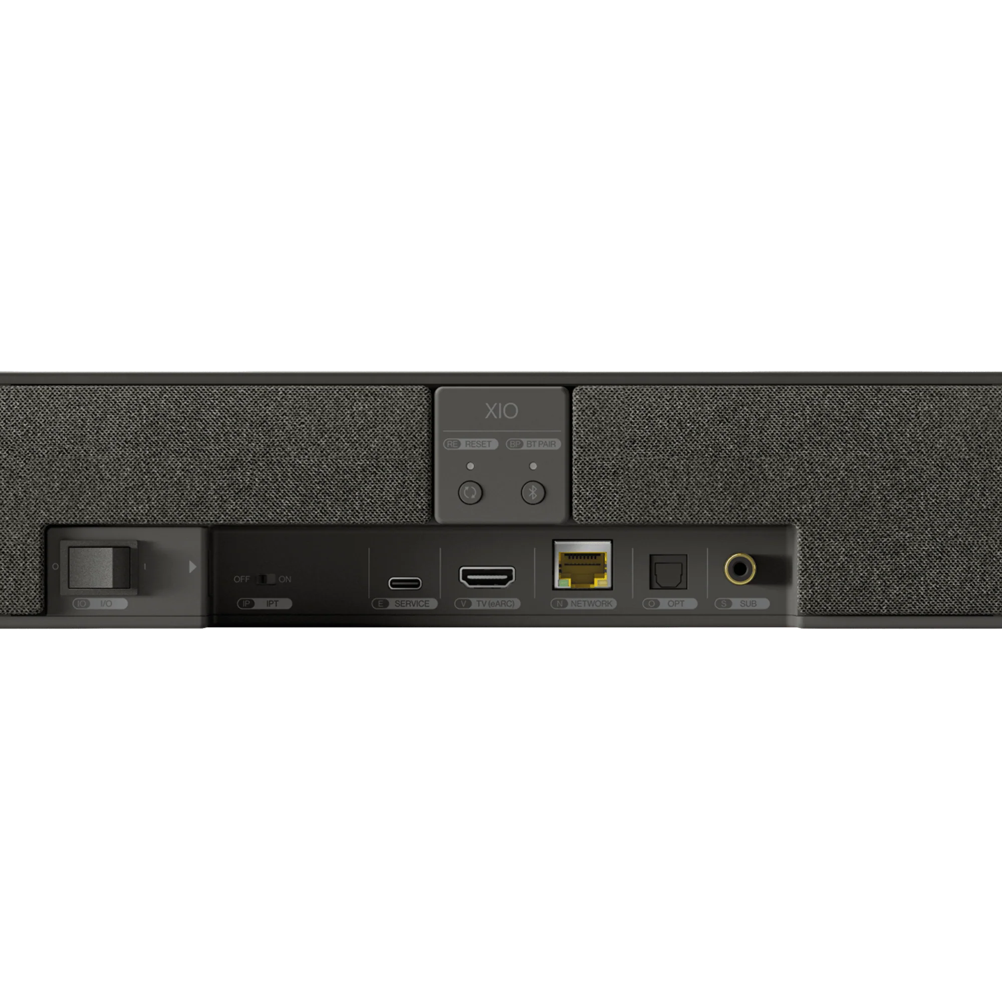 KEF XIO soundbar with sleek black design and built-in subwoofer for immersive TV audio.