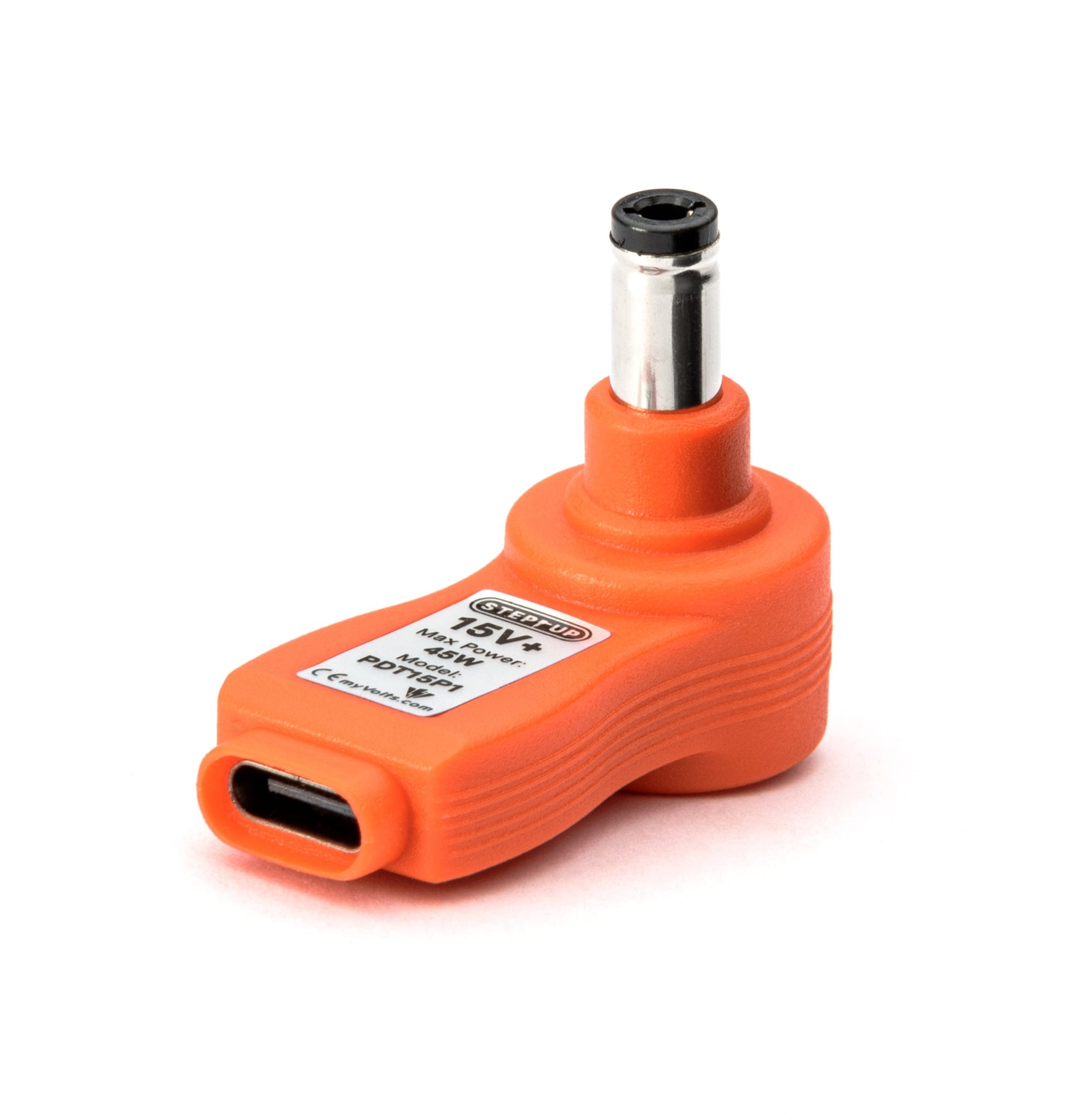 myVolts USB-C PD step-up tip displaying 15V output with 2.1mm and 2.5mm connectors for USB-C power adapters.