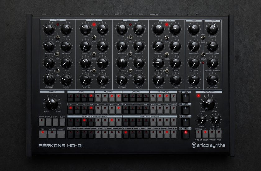 Erica Synths Perkons HD-01 drum machine with black casing, featuring control knobs and interface for electronic music production.