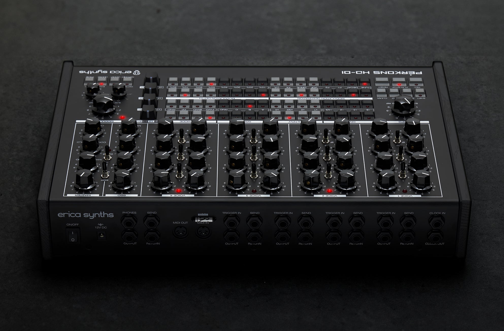 Black Erica Synths Perkons HD-01 drum machine and sampler with control knobs and display, designed for electronic music production.