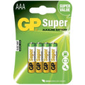 Four GP Batteries LR3 AAA alkaline batteries, standard size, with silver and black casing, suitable for various electronic devices.