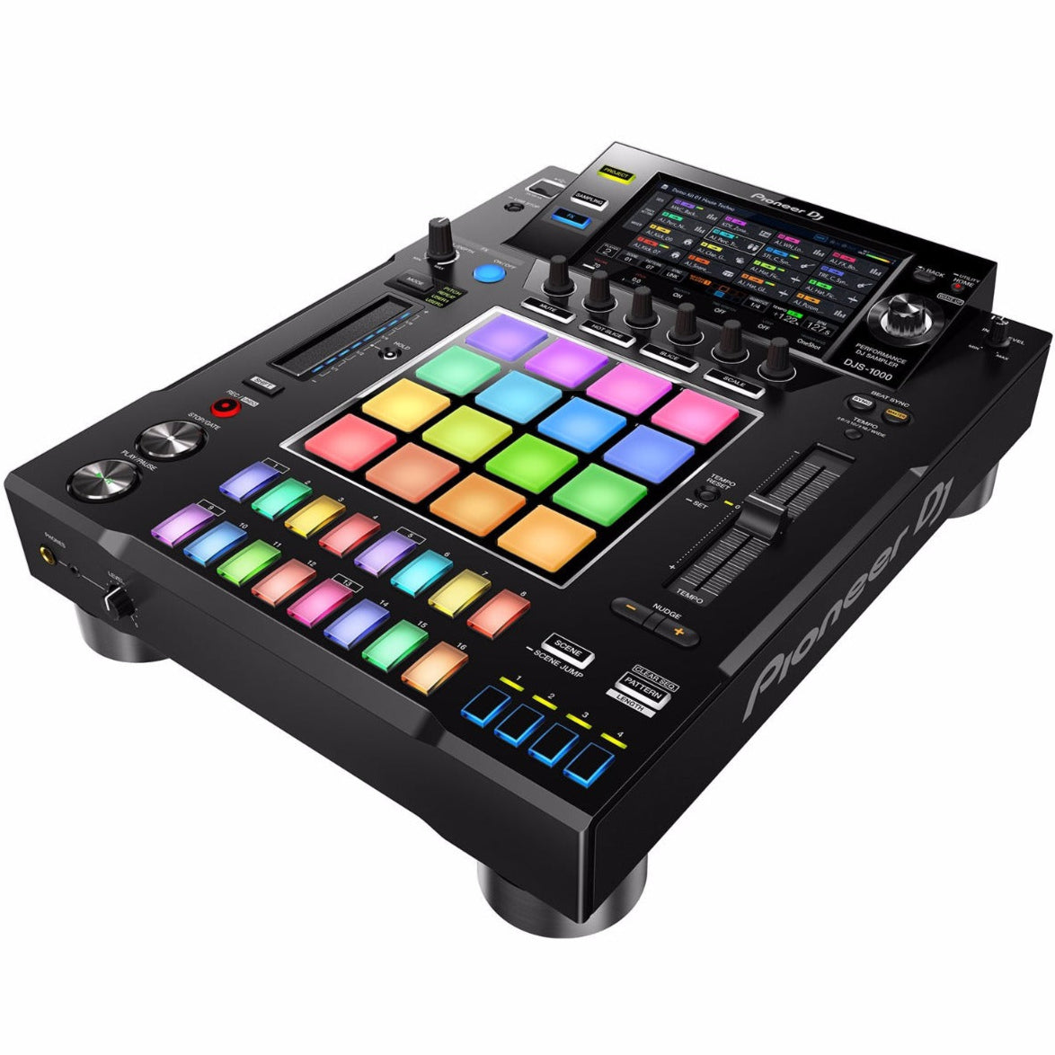 Pioneer DJ DJS-1000 DJ sampler media player with touchscreen interface and multiple control buttons, used for live electronic music performances.