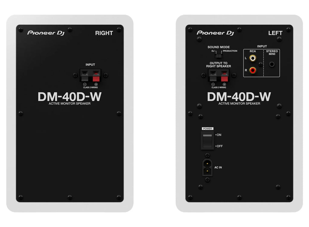 Pioneer DJ DM-40D desktop monitors, rear view in white