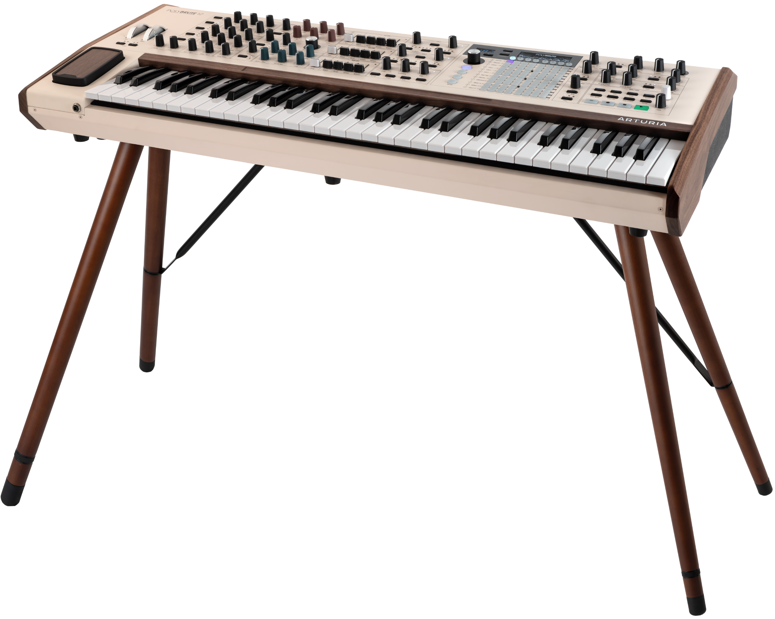 Arturia PolyBrute 12 synthesizer with a sleek control panel, multiple knobs, and a digital display showing the advanced interface.
