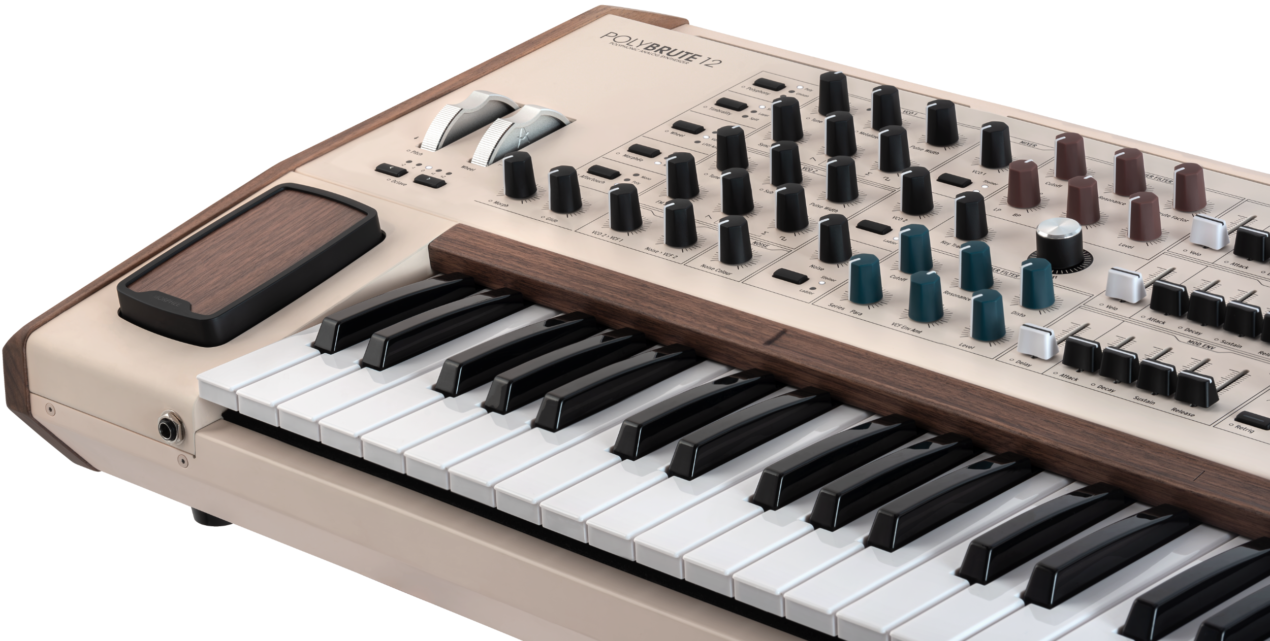 Arturia PolyBrute 12 synthesizer with keyboard and control panel, showcasing its detailed interface and 12-voice polyphony.