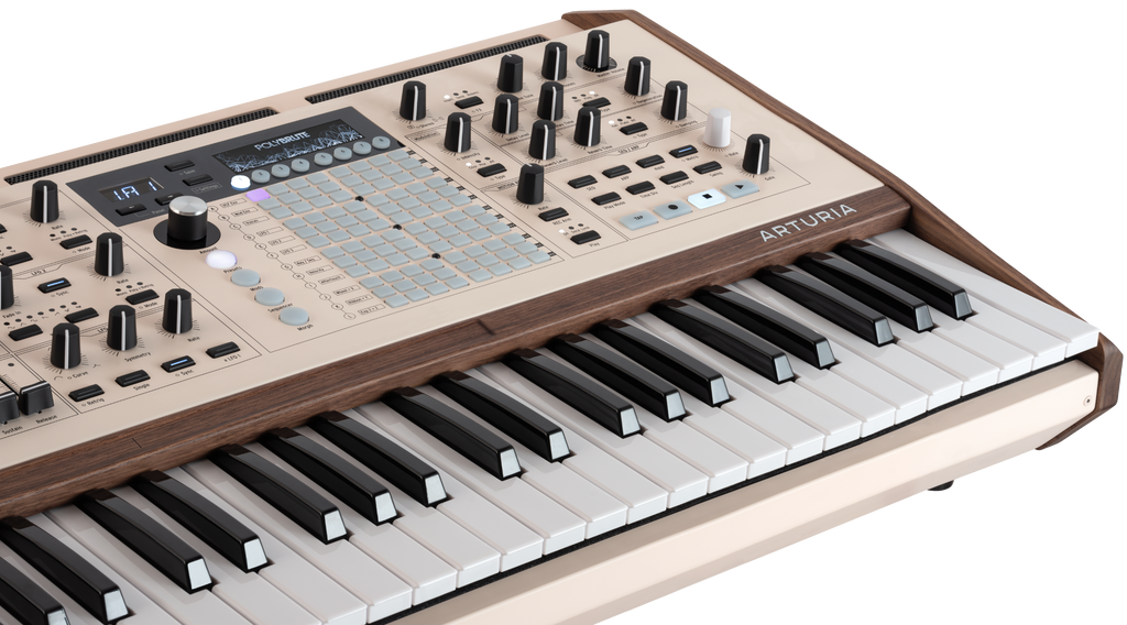 Arturia PolyBrute 12 synthesizer with a sleek control panel featuring knobs and buttons, ready for music production.