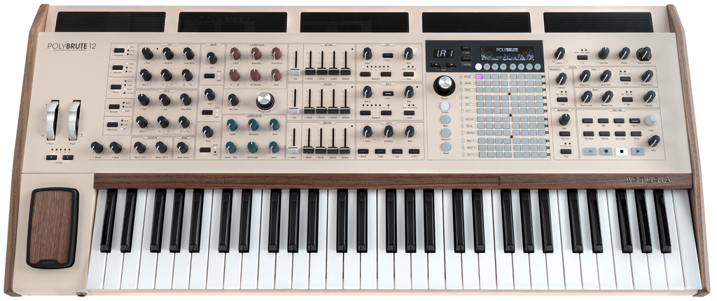 Arturia PolyBrute 12 synthesizer with multiple knobs, buttons, and a large display, showcasing its professional music production interface.