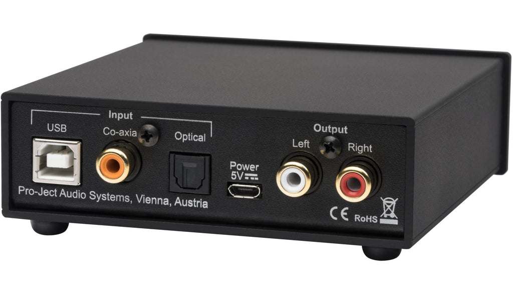 Pro-Ject Pre Box S2 Digital Edition 23 headphone amplifier and DAC, featuring sleek black design with input and output ports visible