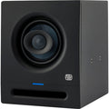 Presonus Eris Pro 4 active nearfield monitors shown with black enclosure and front speaker grills, ideal for studio audio setup.