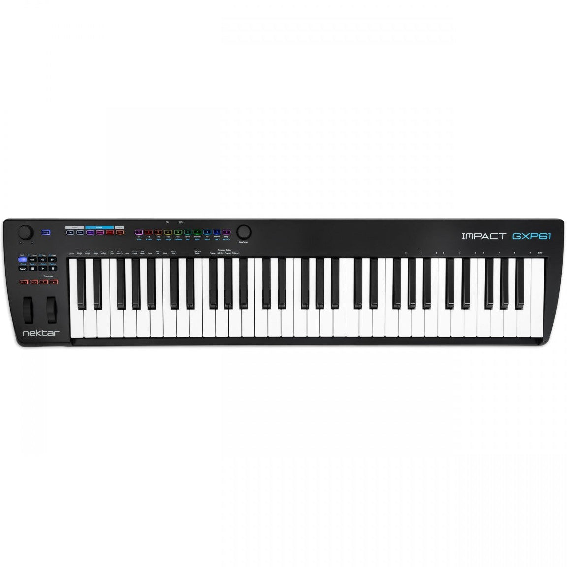 Nektar Impact GXP61 MIDI keyboard controller with 61 keys and control knobs, shown in a sleek black finish.
