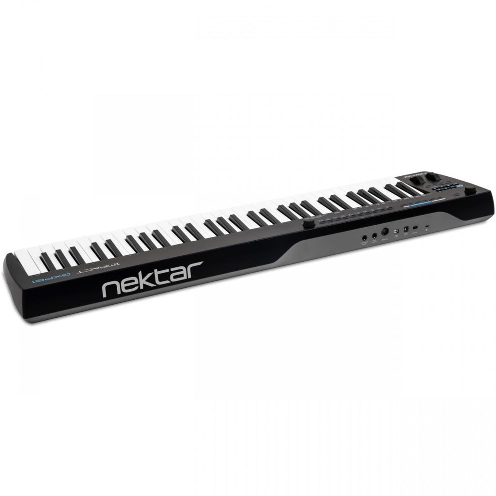 Nektar Impact GXP61 MIDI keyboard controller with 61 keys, knobs, and control pads for music production and performance.