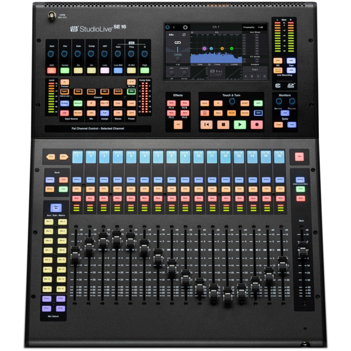 PreSonus StudioLive Series III SE 16 digital mixer with control knobs, faders, and a digital display for professional audio mixing.