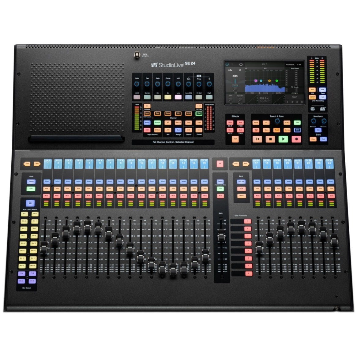 PreSonus StudioLive Series III SE 24 digital mixer with multiple knobs and faders, showing the control panel and input channels.