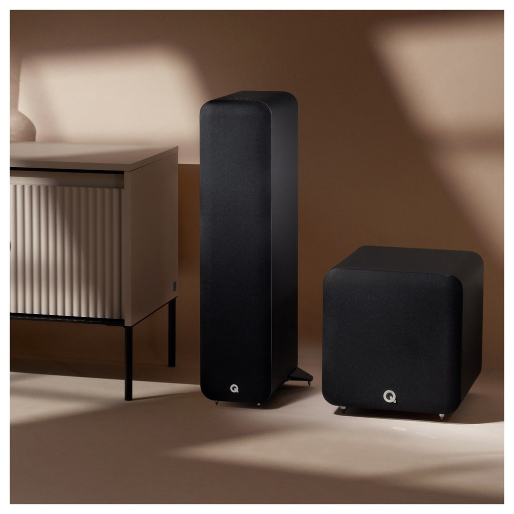 Q Acoustics Q SUB80 subwoofer with sleek black enclosure and compact design, ideal for enhancing home audio systems.