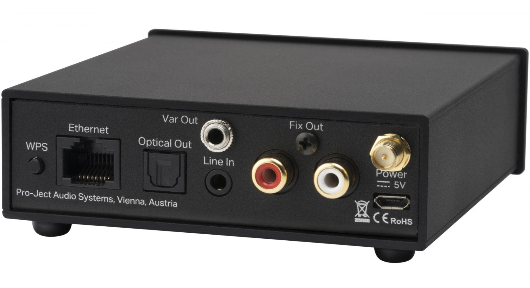 Pro-Ject Stream Box S2 music streamer in black, featuring sleek design and connectivity ports for high-quality audio streaming.
