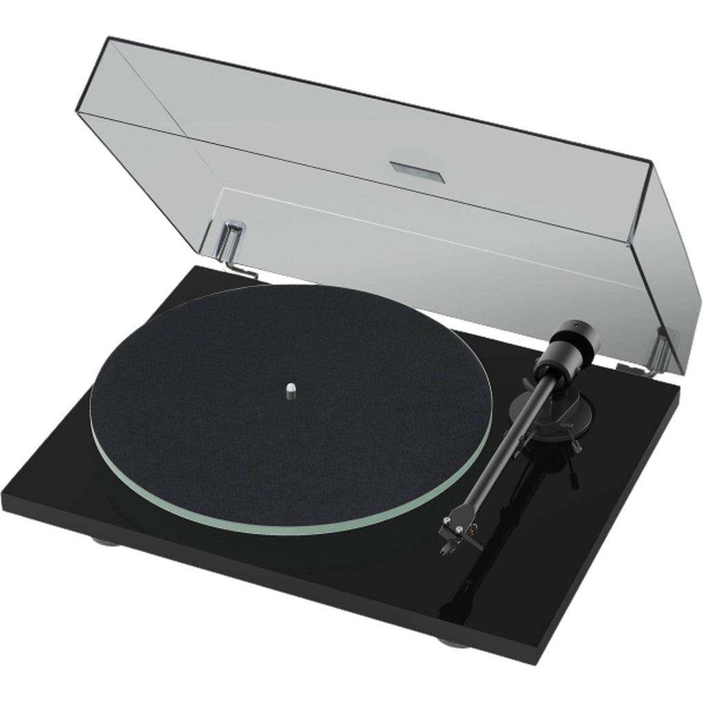 Pro-Ject T1 EVO turntable with sleek black finish, tonearm, and platter, showcasing modern audio equipment design.