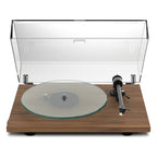 Pro-Ject T2 W walnut turntable with tonearm and platter, showcasing its sleek design and high-quality build.