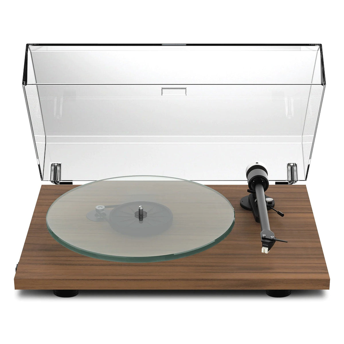 Pro-Ject T2 W walnut turntable with tonearm and platter, showcasing its sleek design and high-quality build.