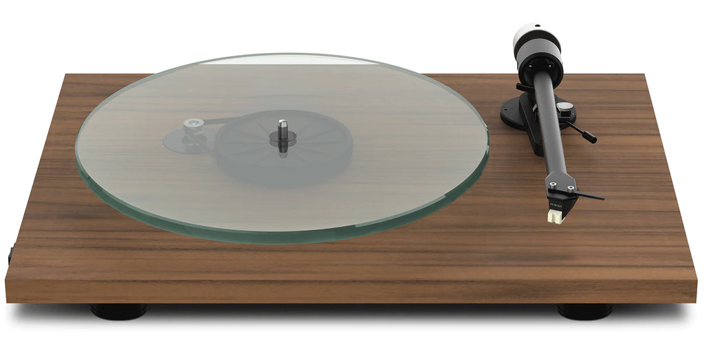 Pro-Ject T2 W walnut finish turntable with a sleek design and tonearm, showcasing high-quality audio equipment.
