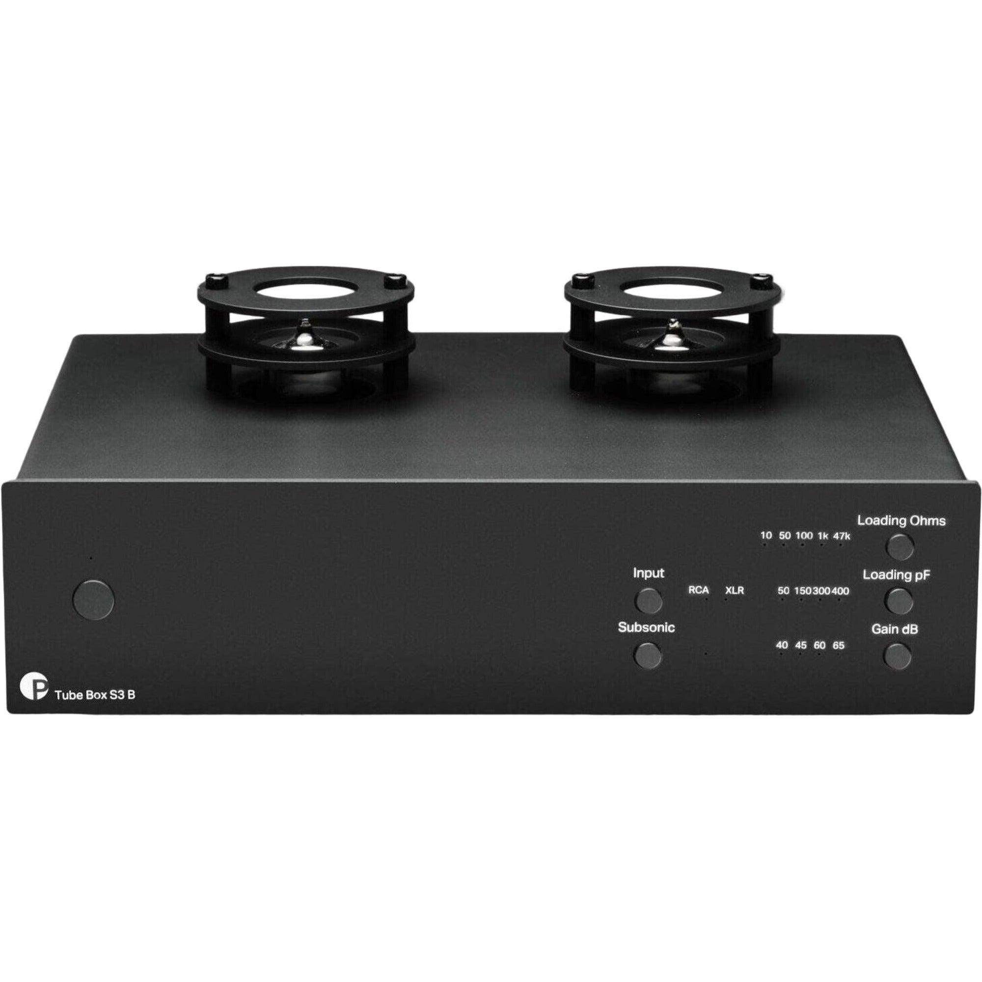 Pro-Ject Tube Box S3 B phono preamp with vacuum tubes, compact design, black finish, and connection ports visible in the image.