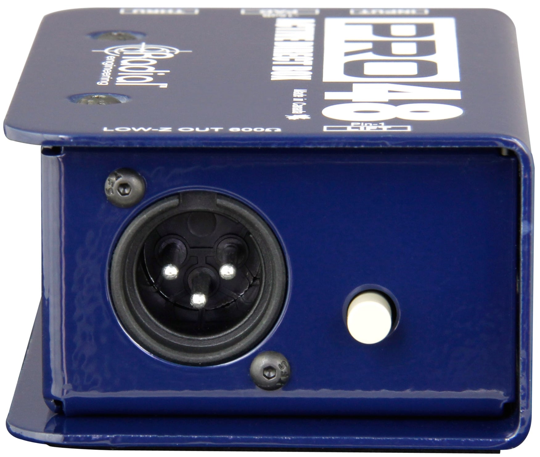 Radial Engineering Pro48 DI box shown from the right side, featuring rugged metal casing and input/output connections for professional audio.