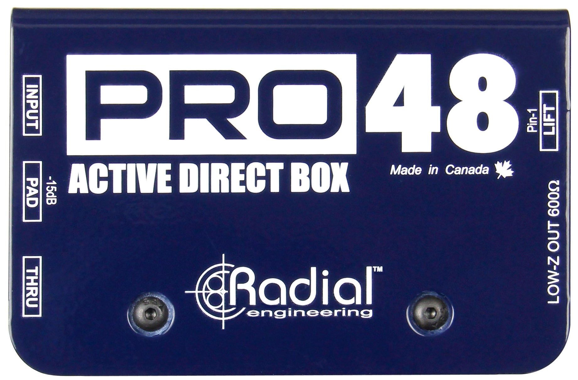 Radial Engineering Pro48 DI box with top view showing input and output connections for professional audio use.