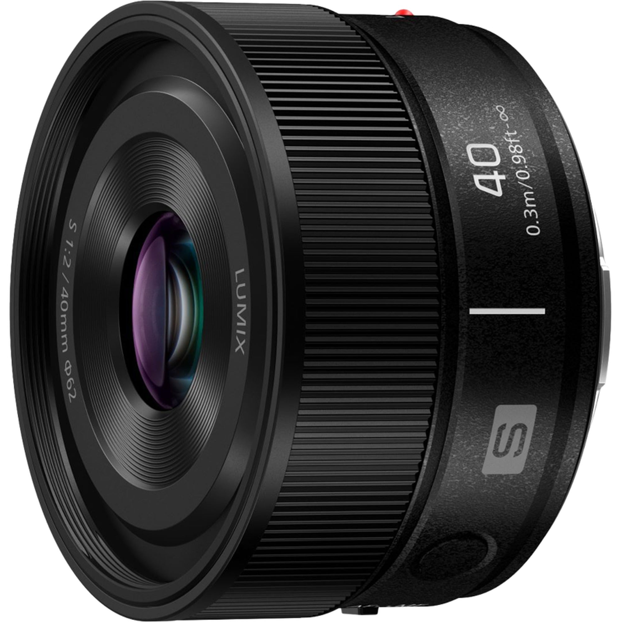 Panasonic Lumix S 40mm F/2.0 camera lens for video cameras, showing the lens with focus rings and brand logo.