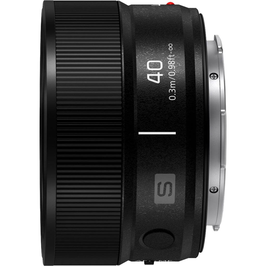 Panasonic Lumix S 40mm F/2.0 camera lens for video cameras, shown in a close-up view with a sleek black finish.